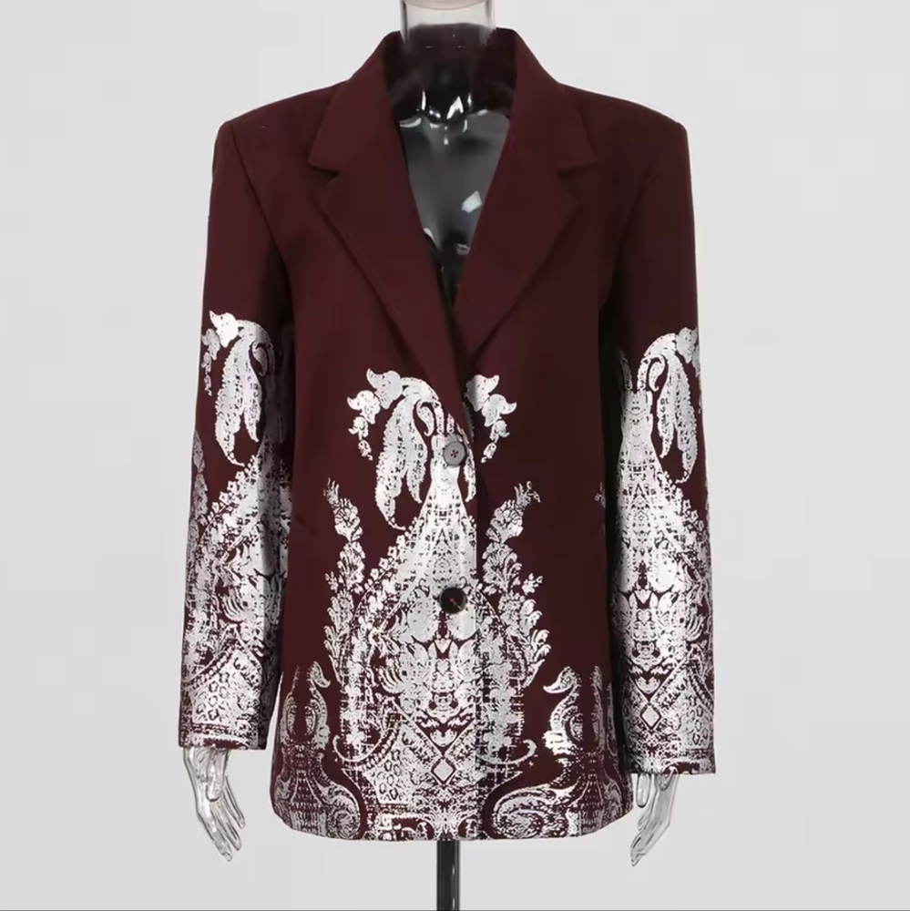Burgundy Printing Blazers For Women Notched Collar Long Sleeve Patchwork Single - Picture 5 of 11